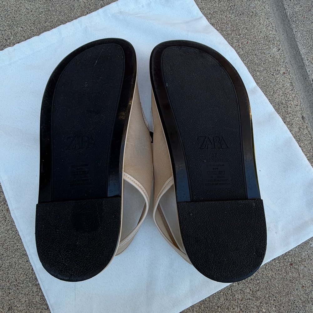 Zara Womens Open Toe Mesh Double Buckle Slingback Sandals Beige Size 37 Flat Dad - Picture 14 of 14